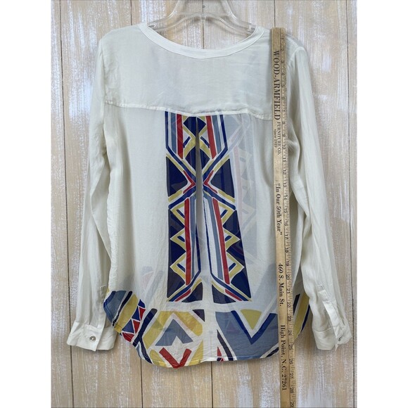Red Haute 100% Silk Long Sleeve Cream Colorful Blouse Size Large Sheer Tribal - Picture 6 of 12